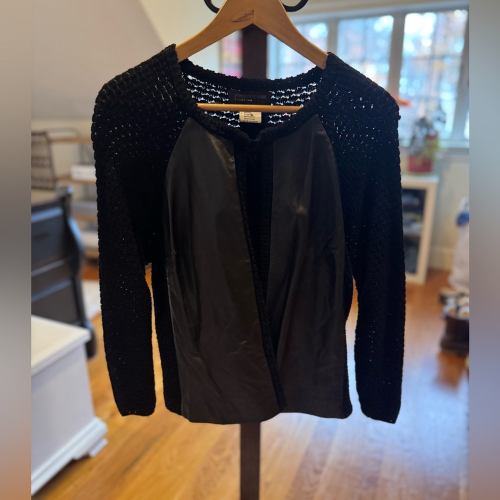 Jones New York Black Leather Jacket with Knit Sleeves